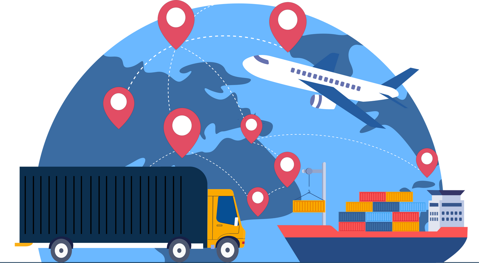 Import and export concept of shipping goods by sea, air and truck transportation. International logistics, cargo shipping.