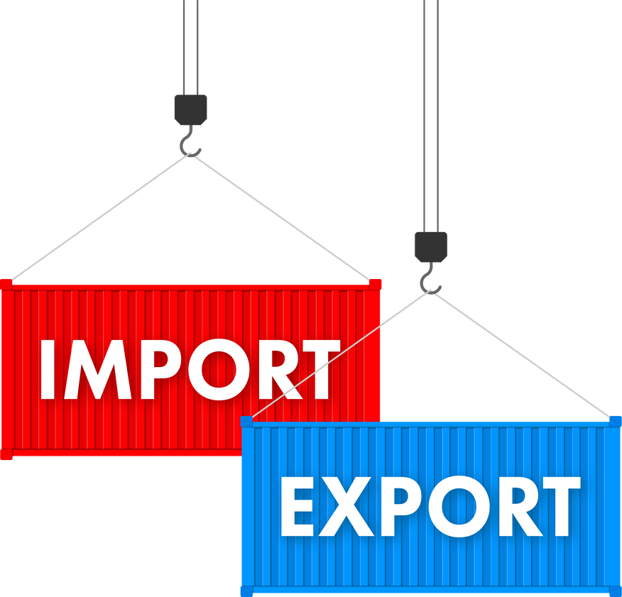 Port crane lift two red cargo containers with import and export words. Vector stock illustration.